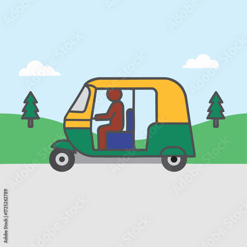 Colorful auto rickshaw with driver in a scenic landscape