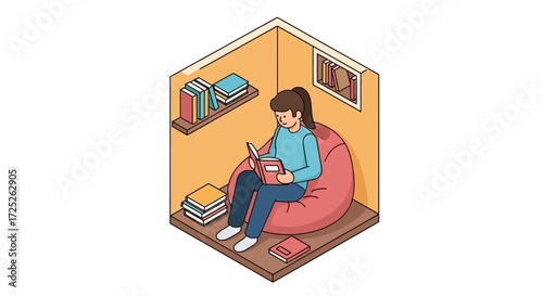 Isometric illustration of a woman reading a book in a cozy corner with books and a beanbag chair.