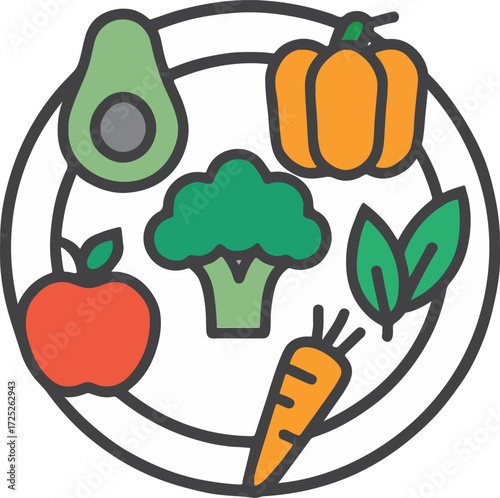 Healthy plate of fresh fruits and vegetables icons