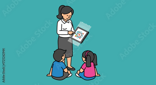 A female teacher uses a tablet to teach two young children about science in a classroom setting.
