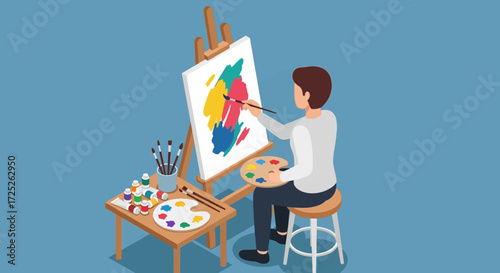 An artist sits on a stool and paints a colorful abstract picture on a canvas placed on an easel, surrounded by art supplies.