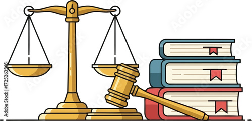 Golden justice scales and gavel with stack of law books symbolizing legal judgment and fair verdict vector