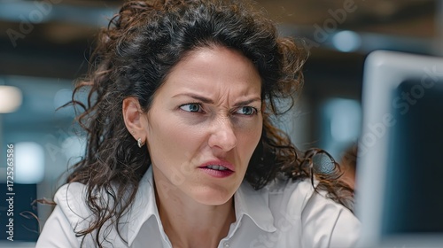 Frustrated woman looking at computer screen. Concept of work problem and technology issue. Stress in office environment.