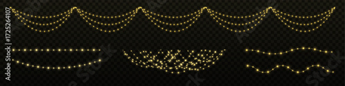 Glowing Christmas lights garland. Set garlands. Golden decorative string lights isolated on transparent background for festive design. 