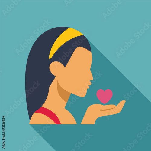 Young woman gently blowing a kiss towards a heart symbol resting on her open palm, expressing love, care, and affection