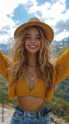 Golden Hour Beauty: A Stunning Portrait of a Smiling Woman in a Mustard Cardigan and Straw Hat