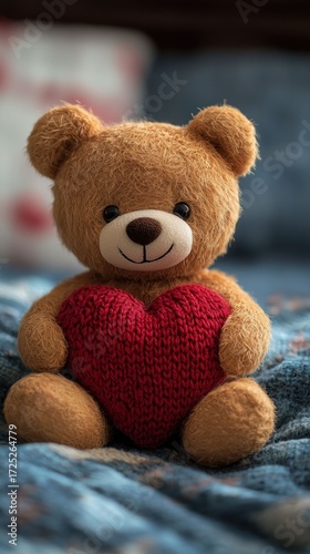Adorable Teddy Bear Holding a Knitted Heart