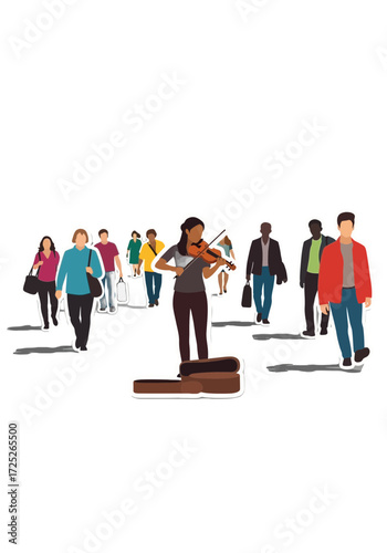 Flat Vector Street Musician Playing Violin in Crowd