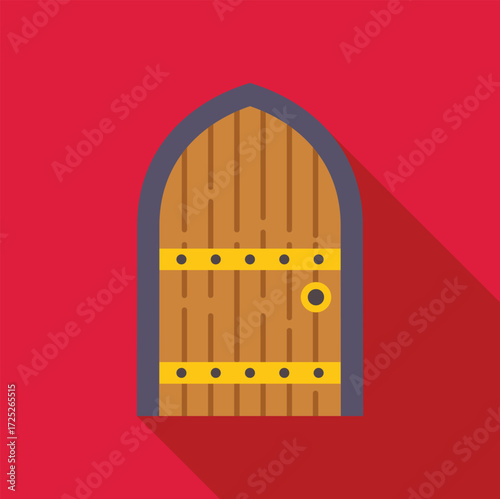 Medieval style door featuring wooden planks, metal bands, and round doorknob, evoking security and protection on a red background