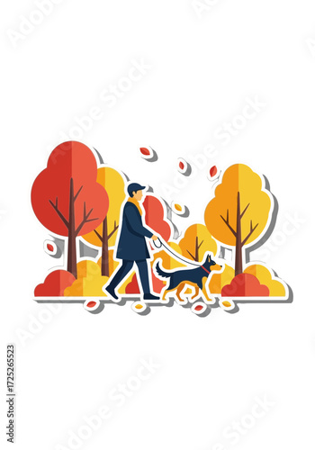 Flat Vector Man Walking Dog in Autumn Park