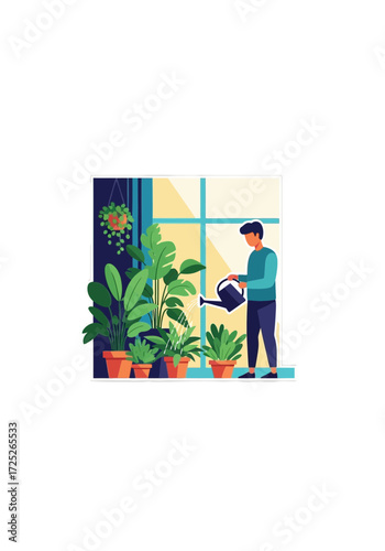 Flat Vector Illustration of Man Watering Houseplants