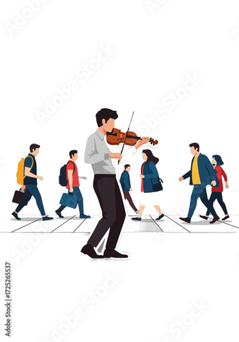 Flat Vector Illustration of a Street Musician Playing Violin