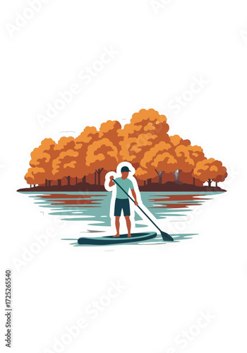 Flat Vector Illustration of Man Paddleboarding Autumn Scene