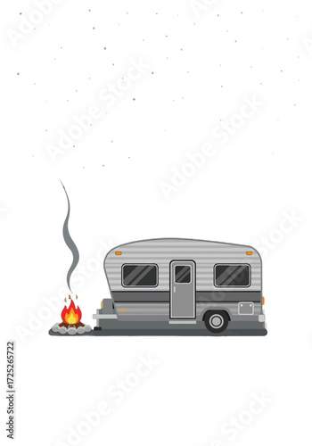 Flat Vector Camping Trailer and Campfire Under Starry Sky