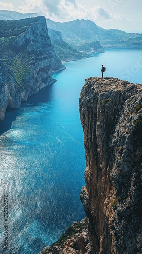 Majestic Coastal Clifftop View: A Lone Hiker Contemplates the Breathtaking Panorama of Azure Waters and Rugged Mountains