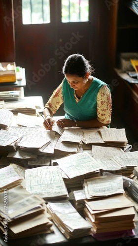 Woman meticulously working with a large stack of papers in an office setting, showcasing dedication and attentiveness to detail.