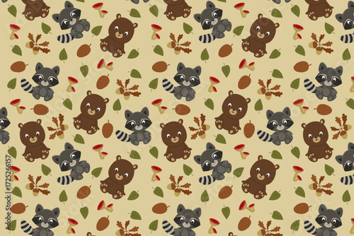 Raccoon And Bear Autumn Pattern swatch available in swatches panel, Cute Woodland Seamless Vector Design