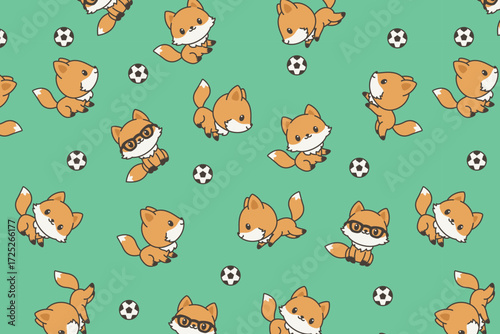 Cute Fox Soccer Pattern swatch available in swatches panel, Playful Sports Seamless Vector Design