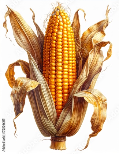 Isolated Golden Corn Cob with Dried Husk and Silk Tassels in Warm Lighting on White Background
