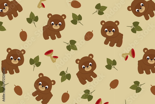 Cute Bear Autumn Pattern swatch available in swatches panel, Woodland Seamless Vector Design