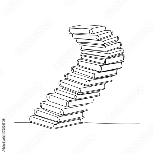 A tall stack of books forms a curved staircase on a white background