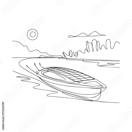 Sketch of a sleek motorboat cruising on a calm body of water under a bright sun