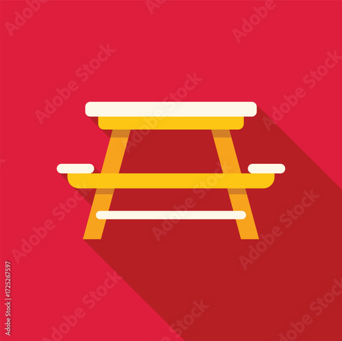 Simple flat design of a yellow picnic table with white top and benches, casting a long shadow on a red background, perfect for outdoor leisure concepts