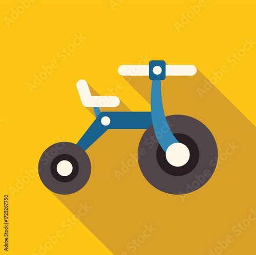 Children's tricycle with blue frame and white seat on a yellow background, representing childhood, fun, and outdoor play