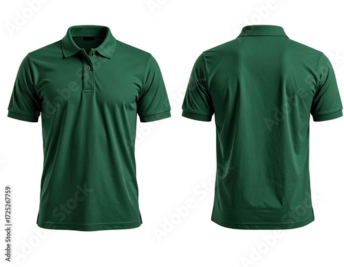 Front and back view of a dark forest green polo shirt