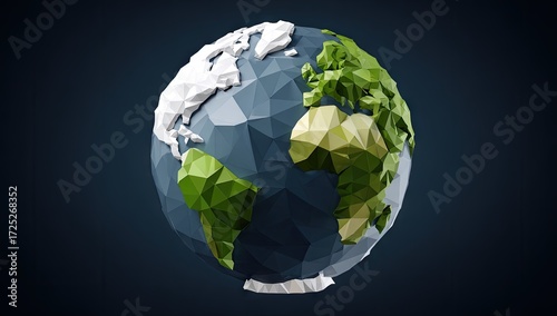 A three-dimensional, polygonal representation of Earth, with continents rendered in shades of green and blue-gray, against a dark background.
