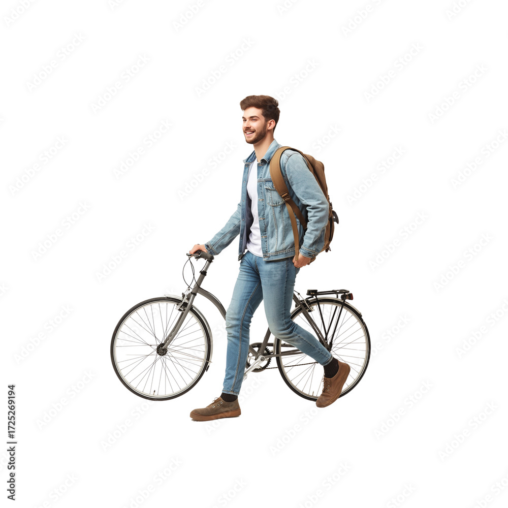 Obraz premium a young man is walking with his bicycle on a white background