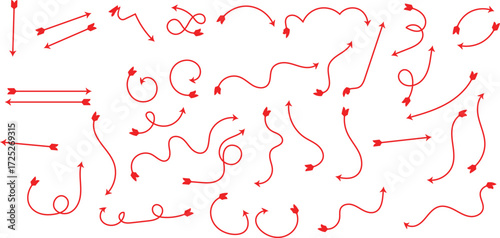 A collection of handdrawn, dashed red arrows of various shapes and sizes, isolated on a white background, indicating direction and movement