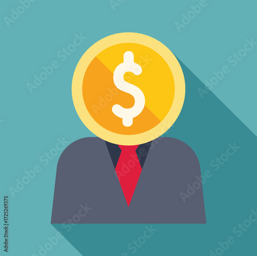 Businessman wearing suit and tie with large gold coin for a head, symbolizing wealth, greed, and the financial world