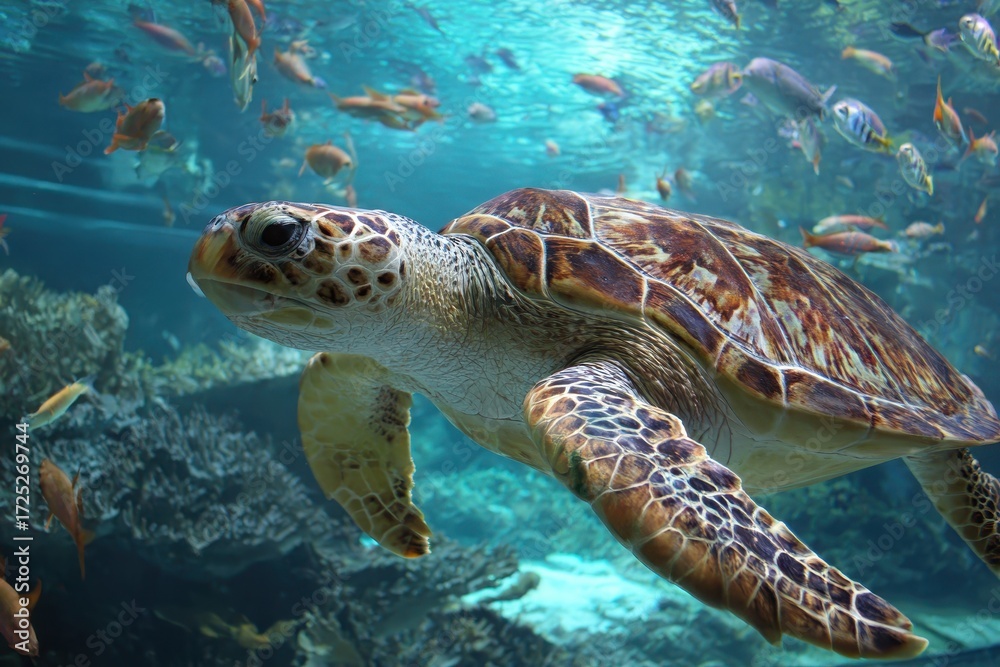 Fototapeta premium Oversized Green Turtle Swimming Among Tropical Fishes in Vibrant Aquarium Setting