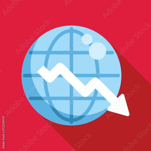 Falling white arrow representing global market crash, superimposed on blue globe icon, symbolizing economic downturn
