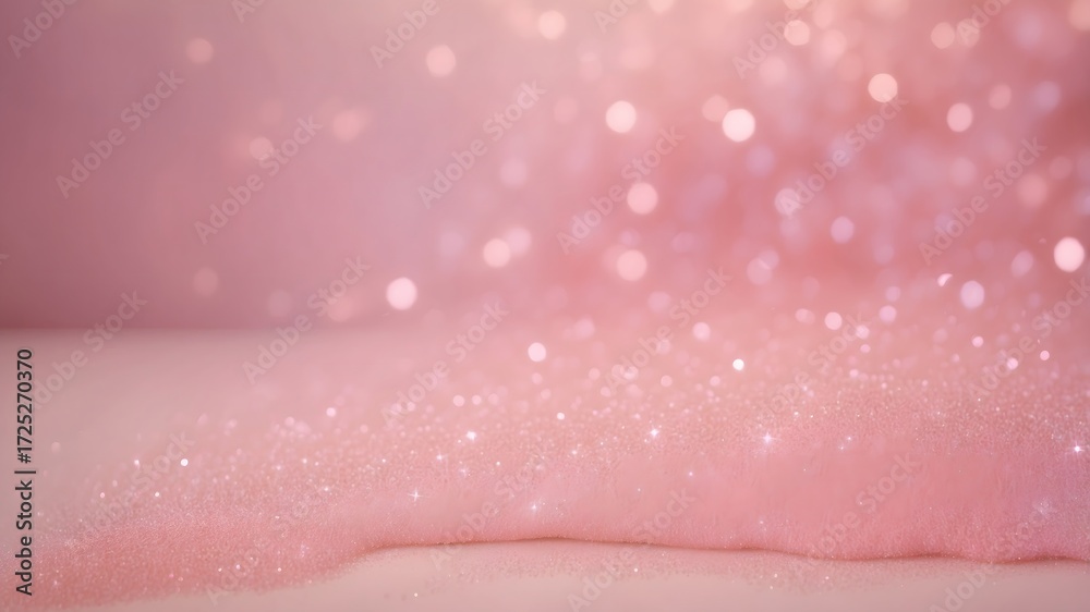 Fototapeta premium Abstract pink glitter sand texture with bokeh lights. Sparkling soft background in pastel tones, romantic and dreamy design concept for festive, beauty and decorative projects.