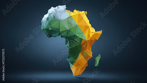 A multifaceted, geometric representation of the continent of Africa, rendered in shades of green, yellow, and translucent white, set against a dark backdrop.