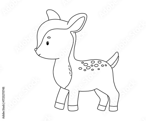 Cute woodland animal fawn, hand drawn outline illustration for coloring page, baby deer