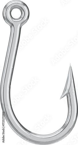 3D vector icon of fish hook with shiny metallic curve and sharp point, minimal clean design