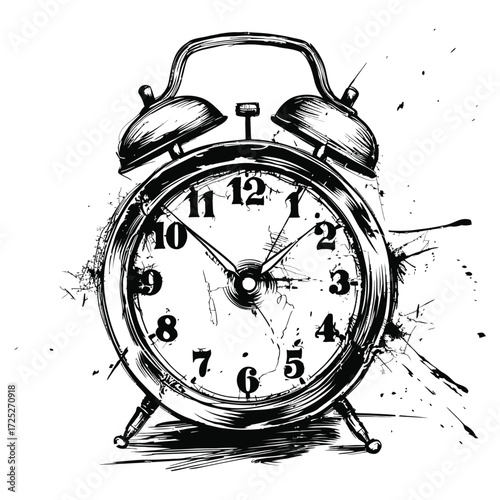 Black and White Ink Sketch of Vintage Alarm Clock