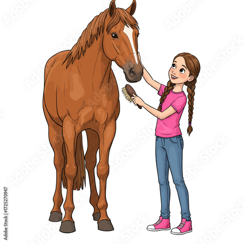Cartoon girl grooming a chestnut horse with a white blaze on its face.