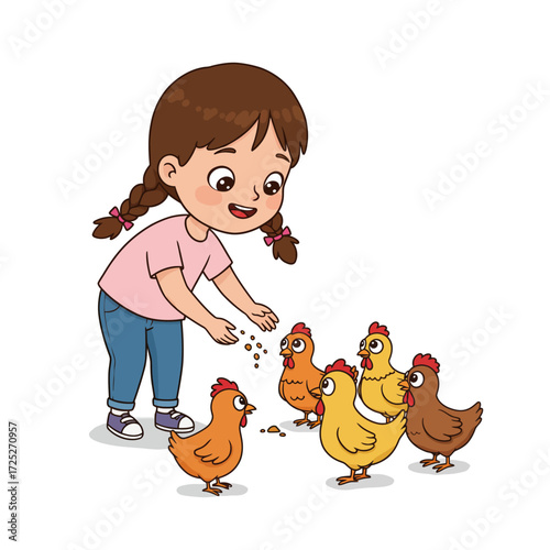 Cartoon Girl Feeding Chickens Braided Hair Pink Shirt Blue Jeans and Happy Expression.
