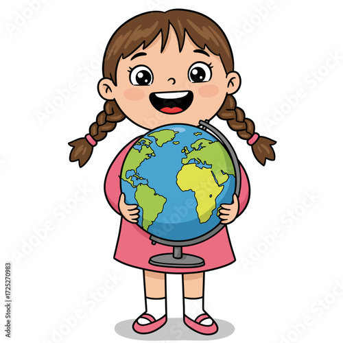 Cartoon girl holding a globe with braids and a pink dress.