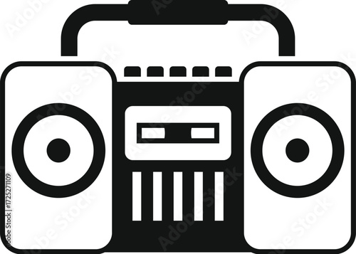 Black and white vector icon of a classic boombox playing music, a symbol of urban culture and portable entertainment