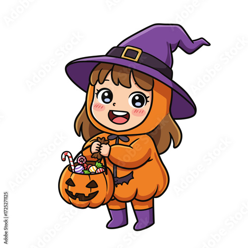 Cartoon girl in Halloween witch costume holding pumpkin candy basket.