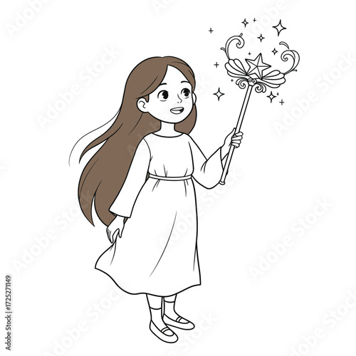 Cartoon Girl in White Dress Holding StarTopped Wand with Sparkling Stars.