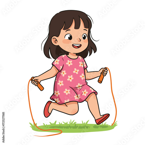Cartoon girl jumping rope wearing a pink floral dress and red shoes smiling.