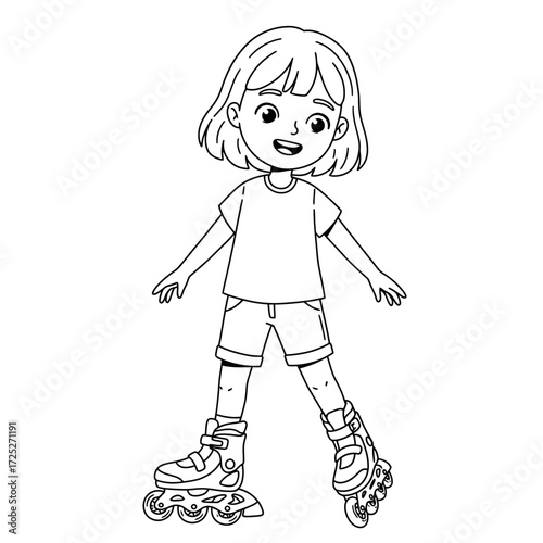 Cartoon girl on roller skates with short hair and a cheerful expression.