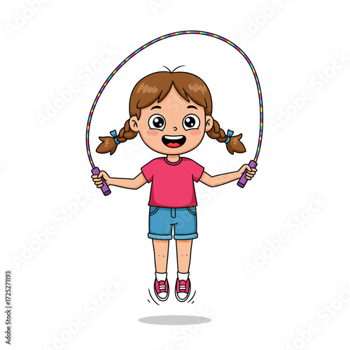Cartoon Girl Jumping Rope with Braids Pink Shirt and Blue Shorts.