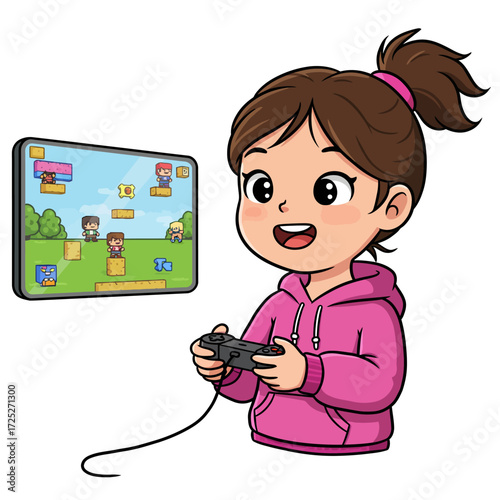 Cartoon girl playing a video game on a tablet with a controller smiling.
